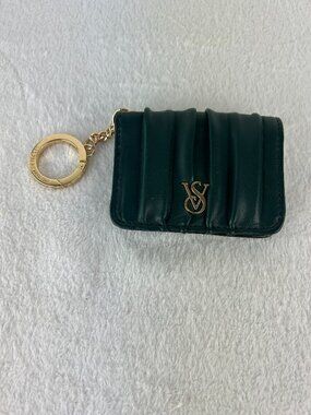 Victoria's Secret Flap Card Case Wallet With Keychain VS Logo Green/Gold Color